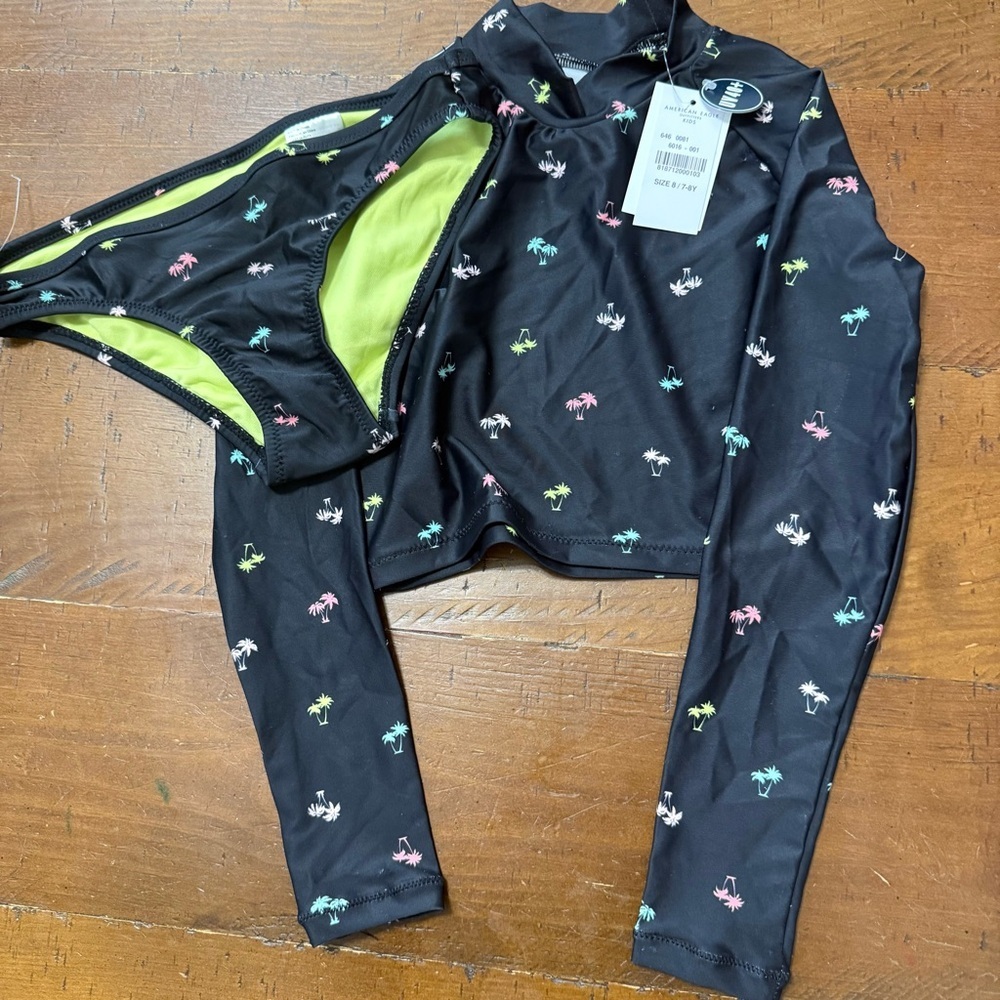 Black Long Sleeve Swim Set with Colorful Palm Trees